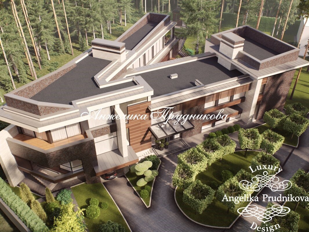 На фото: V-образный современный дом в хвойном лесу