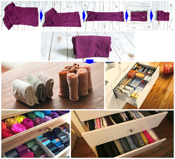 метод Конмари учит правильному хранению вещей: вы можете свернуть в трубочки одежду, полотенца и прочий текстиль и расположить в ящике вертикально. Так вещи не помнутся, к тому же вы увидите всё и легко найдете нужный предмет. Доставать выбранное тоже проще;


