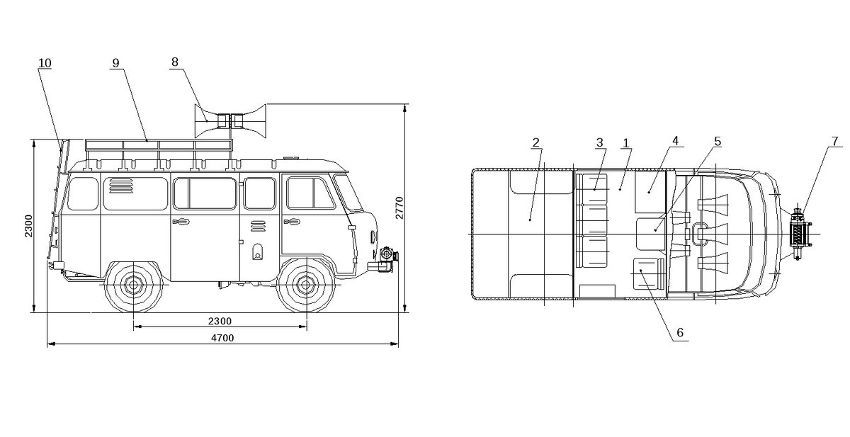 Передвижной пункт оповещения. Цифрами обозначено: 1 - рабочий салон, 2 - вспомогательный салон, 3 - трехместное сиденье, 4 - усилительный блок, 5 - столик откидной, 6 - сиденье откидное, 7 - электролебедка, 8 - рупор, 9 -багажник, 10 - лестница