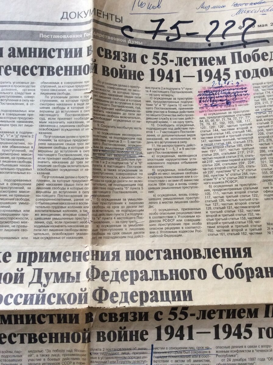 Официальный первоначальный текст амнистии к 55 летию  Победы.