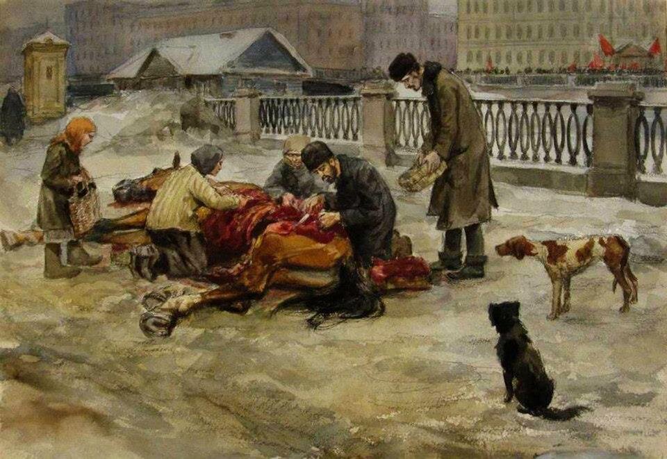 Картина «Голодные годы в Петрограде. Разделка павшей лошади».  Художник Иван Владимиров. Фоторепродукция из открытых источников.