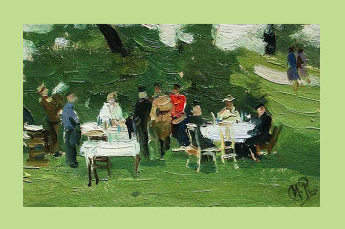 Фотография (на фоне) картины  "Пикник" (из открытых источников, автор указан в тексте)