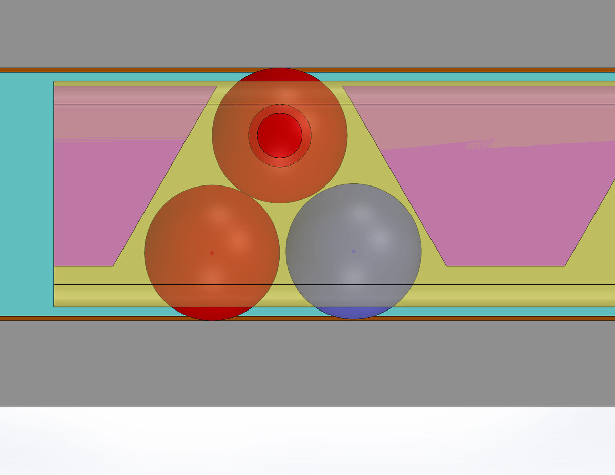 На рисунке показан контакт двух шариков с рельсами и между собой образованным при движении каретки(желтый и фиолетовый цвет) с право налево. В центре верхнего шарика показано верхнее кольцо, в котором вращается шарик и которое фиксирует каретку по отношению к рельсам. Оси других шариков расположены на желтых крышках каретки. 