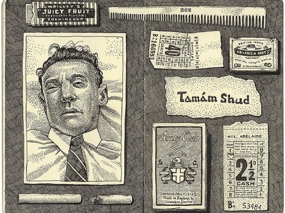 Найденное в карманах у мужчины: обрывок «Тамам Шуд», билет на поезд, билет на автобус, сигареты, жвачка и расческа