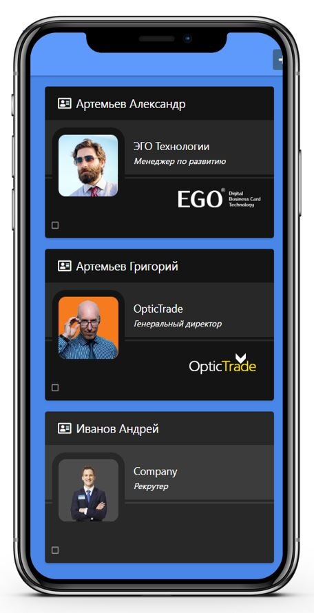 Так визитница выглядит в телефоне. 