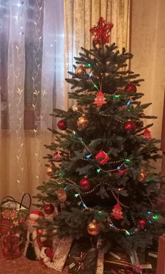 Эту искусственную ёлочку мы купили только что. До этого каждый год наряжали живую. Искусственная конечно удобнее и практичнее.