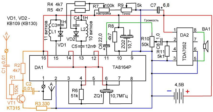 Радиоконструктор № 003, УКВ/FM радиоприёмник на микросхеме К174ХА34 (TDA7021)