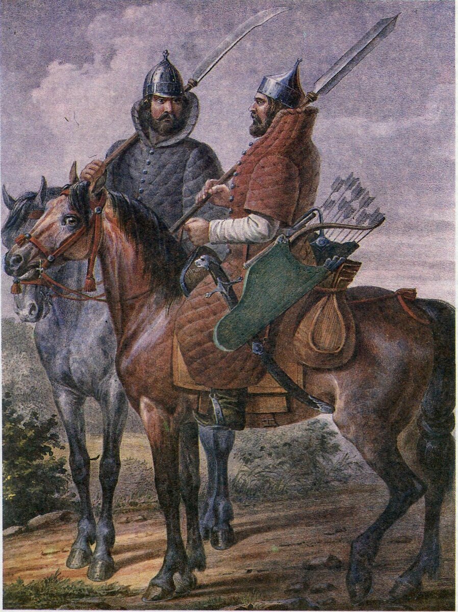 Ратники поместной конницы в тегиляях и железных шапках. Илл. из книги А. Бегуновой "Сабли остры, кони быстры..."