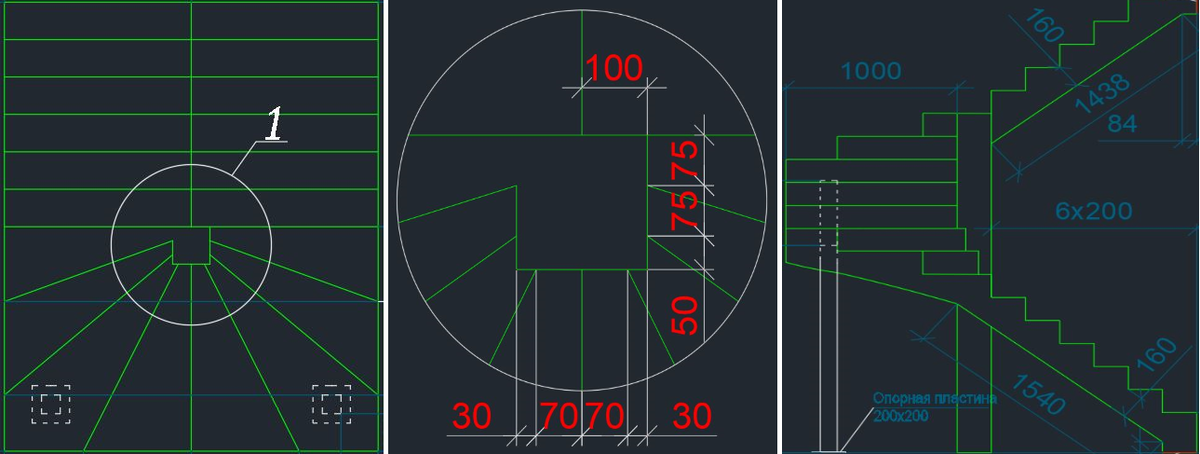 Рис. 1. Немного скриншотов проекта моей лестницы. Она забежная, под ней запланирована закрытая подсобка. Обратите внимание на опору квадратного сечения посередине поворотной части - вместо нее может быть и пустота (ступеньки в центре Вам все равно не свести), но я решил разгрузить лестницу таким вот не самым обычным способом. Армирован этот элемент как обычная колонна четырьмя стержнями.  Также поворотная часть дополнительно подпирается еще двумя колоннами из трубоквадрата.