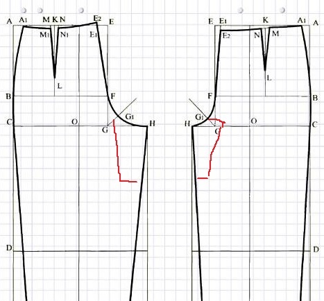 Схематично - выкройка брюк, красным выделены участки реставрации