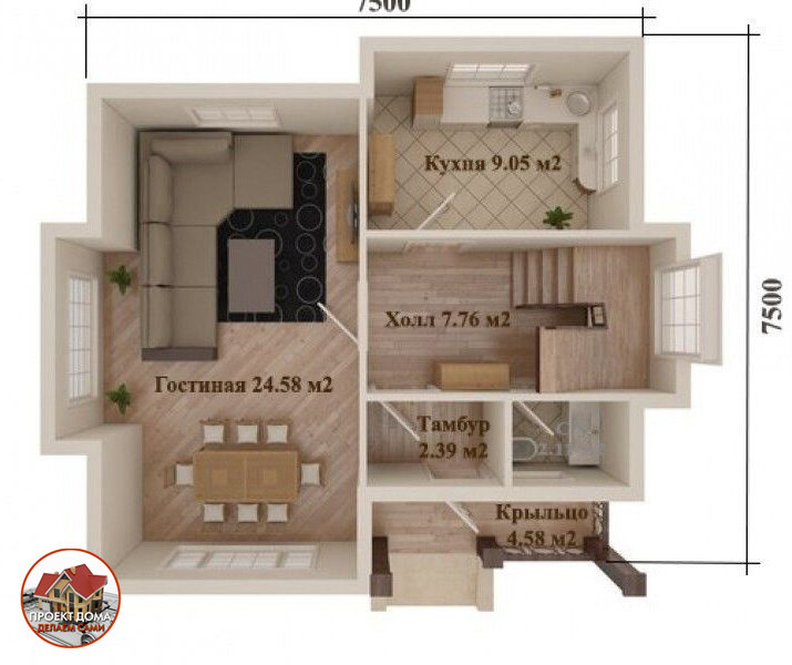 Для садового участка и проживания за городом: дом 7,7х7,5 м. с тремя спальнями, общей площадью 92 м² ??