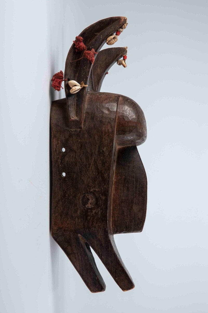 Маска тайного общества Коре - гиена Коре дуга.1970-е годы. Дерево, тонировка, ракушки каури.