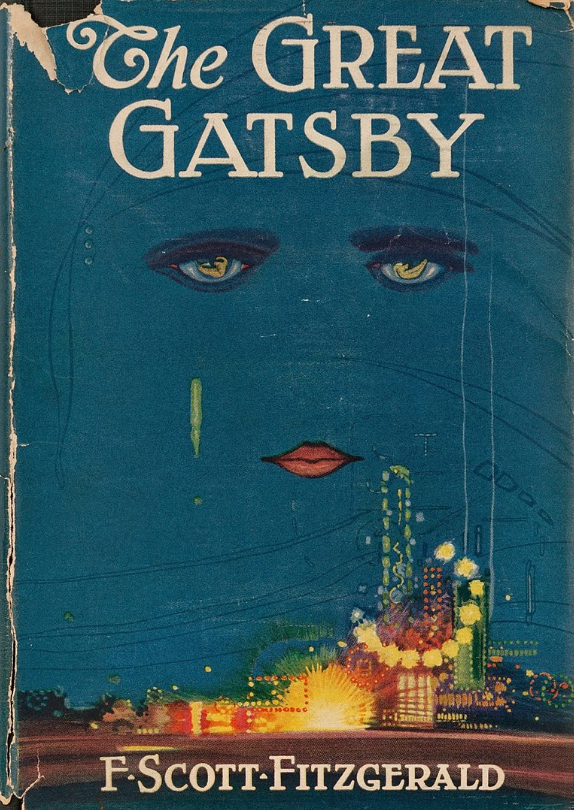 Обложка первого издания романа "Великий Гэтсби". На ней изображены женские глаза, висящие над огнями парка с аттракционами - из правого глаза стекает слеза. Обложка так понравилась Фицджеральду, что он даже из-за неё внес некоторые изменения в роман, чтобы книга лучше соответствовала своей обложке