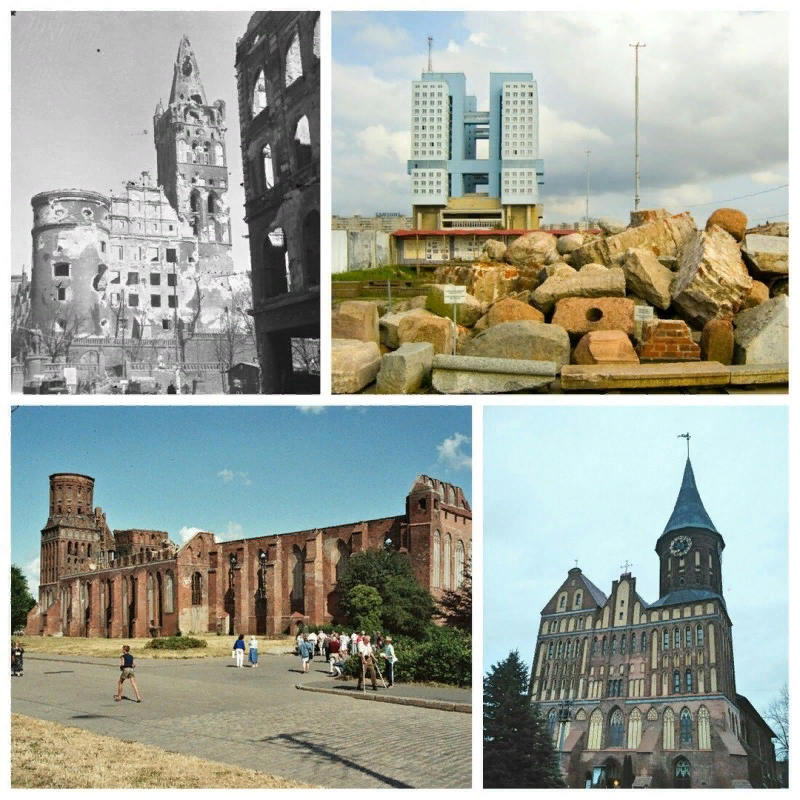 Королевский замок в 1944 г.; обломки замка на фоне Дома Советов; Кафедральный собор в полуразрушенном виде и восстановленном.  