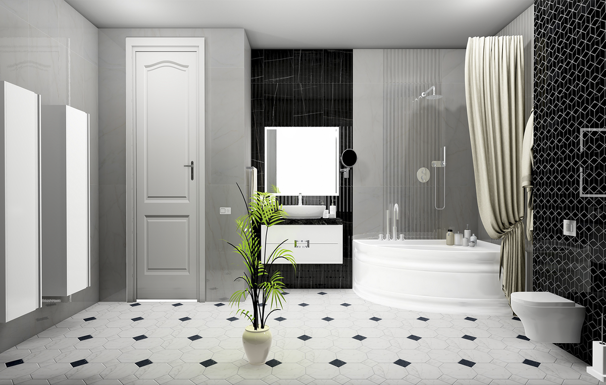 Ванные комнаты в черно-белых тонах: смелость элегантности