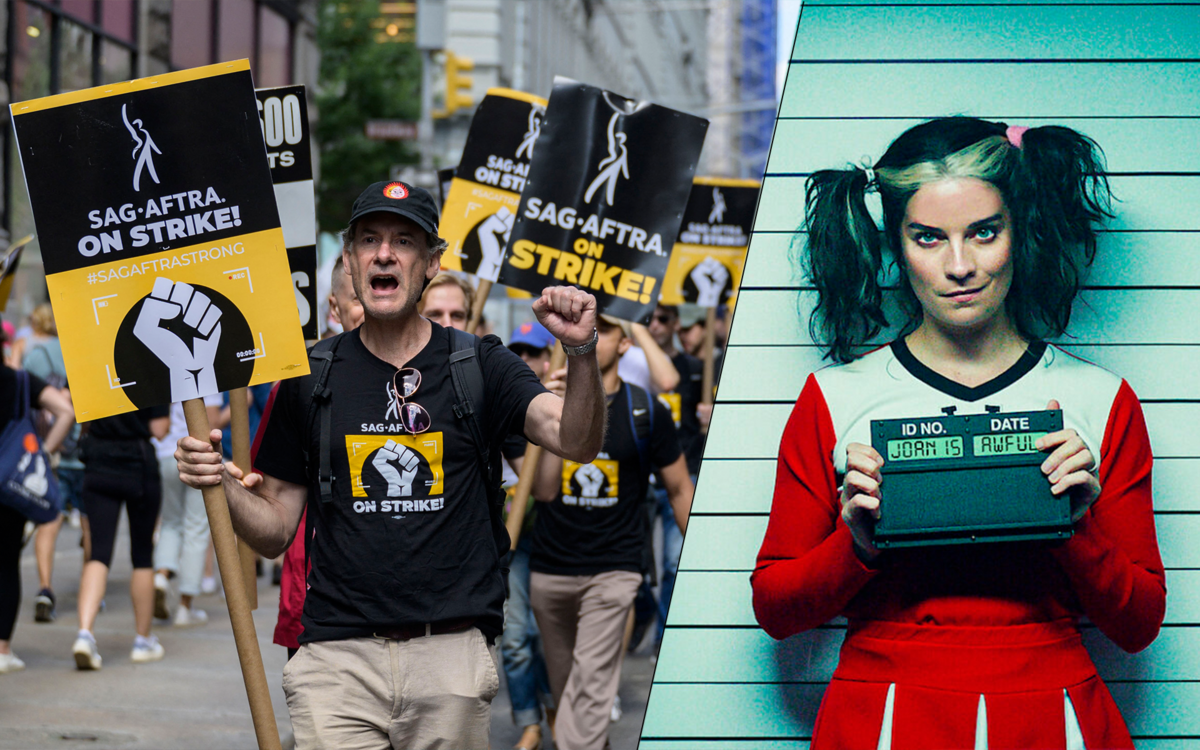 Слева фотография протестующих актеров. Справа кадр из эпизода "Черного зеркала". 