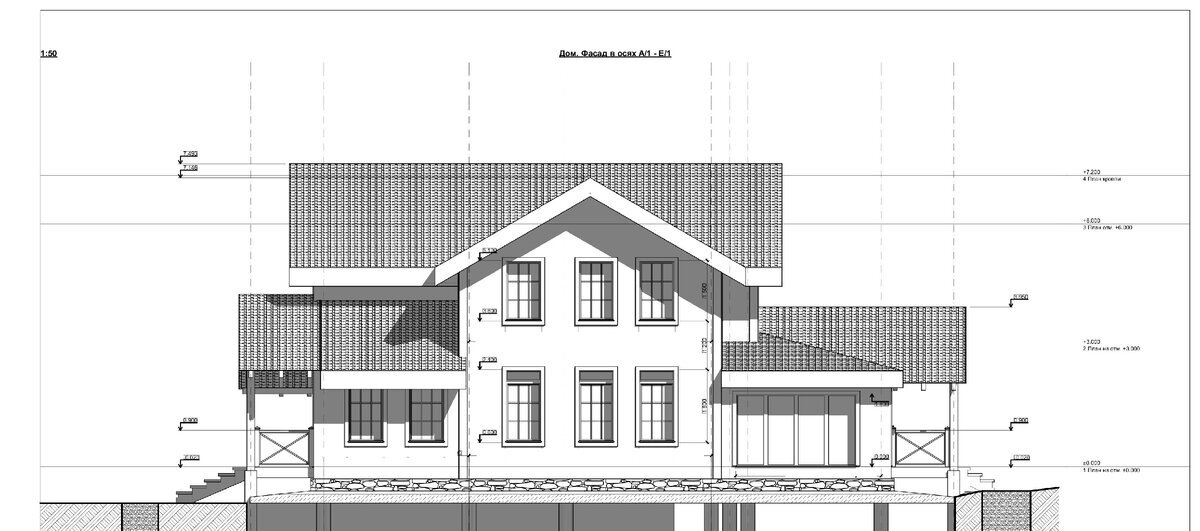 Проектный правый фасад дома. Источник изображения: канал "Строим мечту" (https://zen.yandex.ru/id/5da453fb5eb26800b1d2b5e9), Яндекс Дзен.