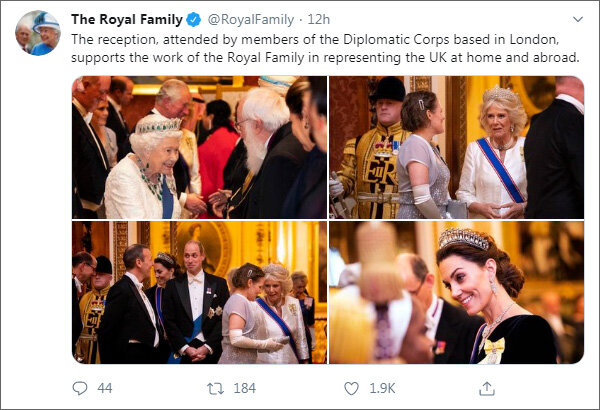 «Прием, на котором присутствуют члены Дипломатического корпуса, базирующегося в Лондоне. Дипкорпус поддерживает работу королевской семьи, представляя Великобританию в стране и за рубежом». Из твиттера королевской семьи (https://twitter.com/RoyalFamily)