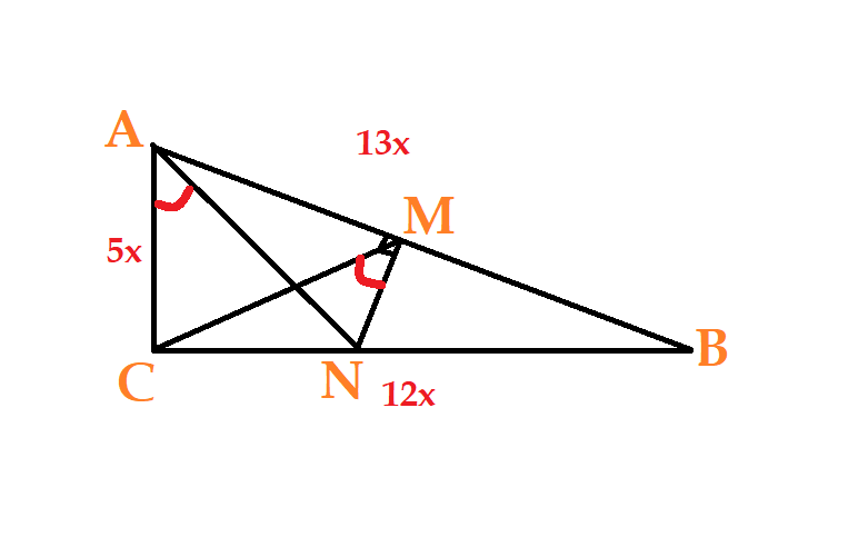 Поясним, если вдруг неясно: tg∠⁡BAC=12/5, значит если AC=5x, то BC=12x. Тогда по              т. Пифагора AB=13x.
