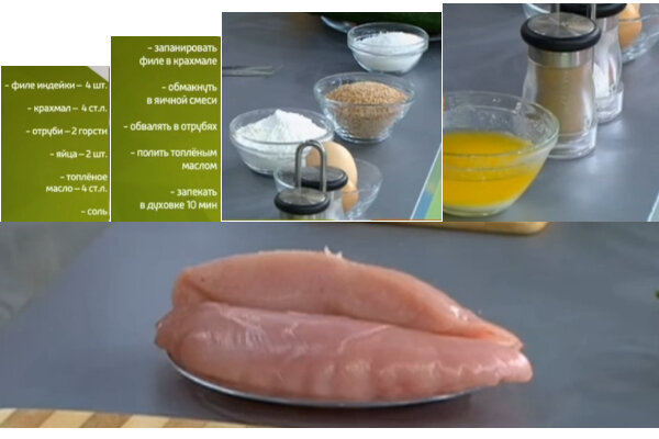 Филе индейки 4 штуки, 4 столовые ложки кукурузного крахмала, две горсти отрубей, 2 яйца, 4 столовые ложки топлёного масла, соль по вкусу.  #рецепт 