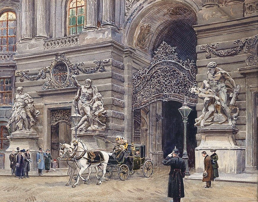 «Император покидает дворец», 1914, акварель на бумаге, на картонной подставке