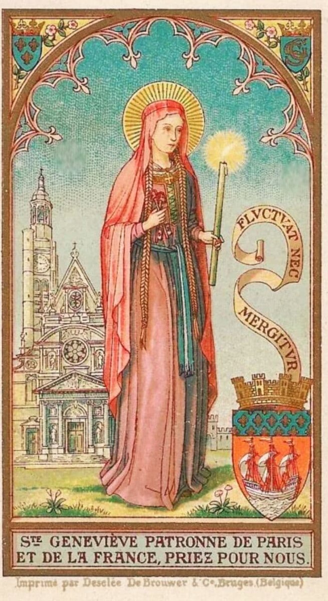 Старинная гравюра с изображением Святой Женевьевы Парижской