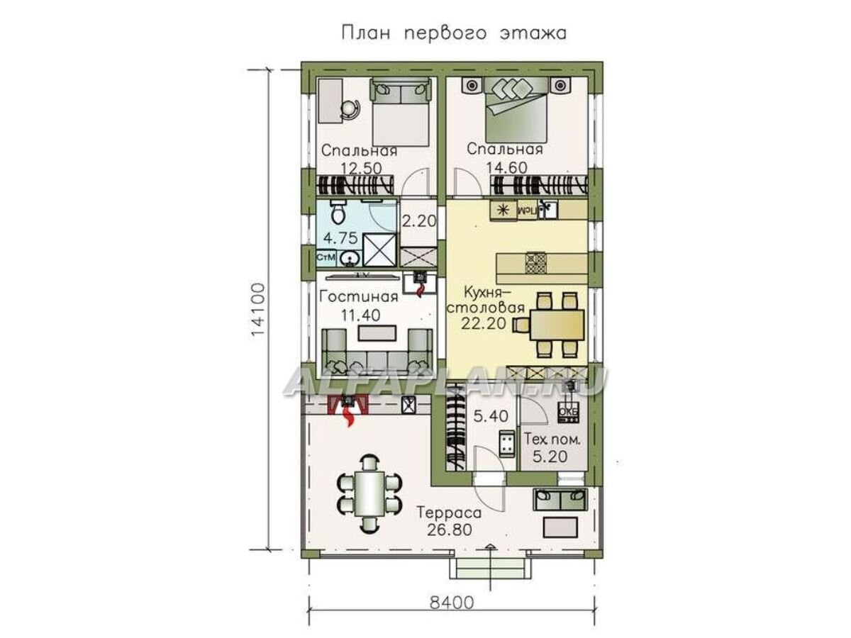 Планировка дома по проекту "Мелета" 618В. 
- удобная кухня и столовая образуют единое пространство 22 м2
- гостиная размещена рядом и представляет из себя зону домашнего кинотеатра с уютным диваном напротив камина. 
- 2 спальных комнаты и санузел с душевой  