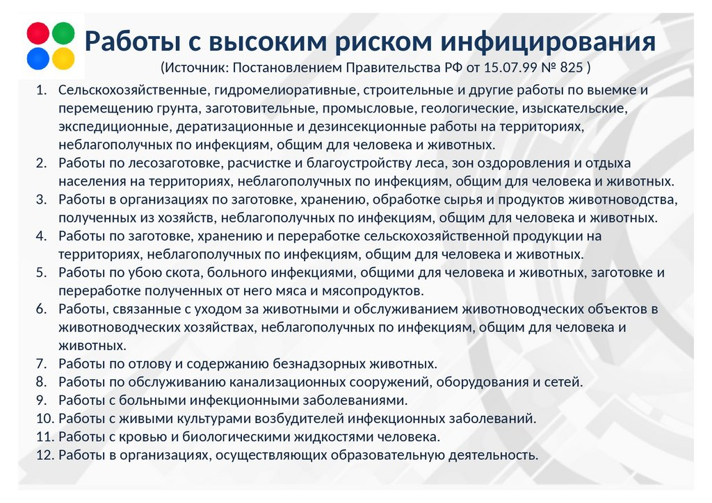 Постановление правительства рф 719 от 17.07 2015. Постановление правительства 825. Перечень работ для прививки. Постановление правительства РФ от 15.07.1999 825 о прививках. Перечень работ с высоким риском заболевания инфекционными.