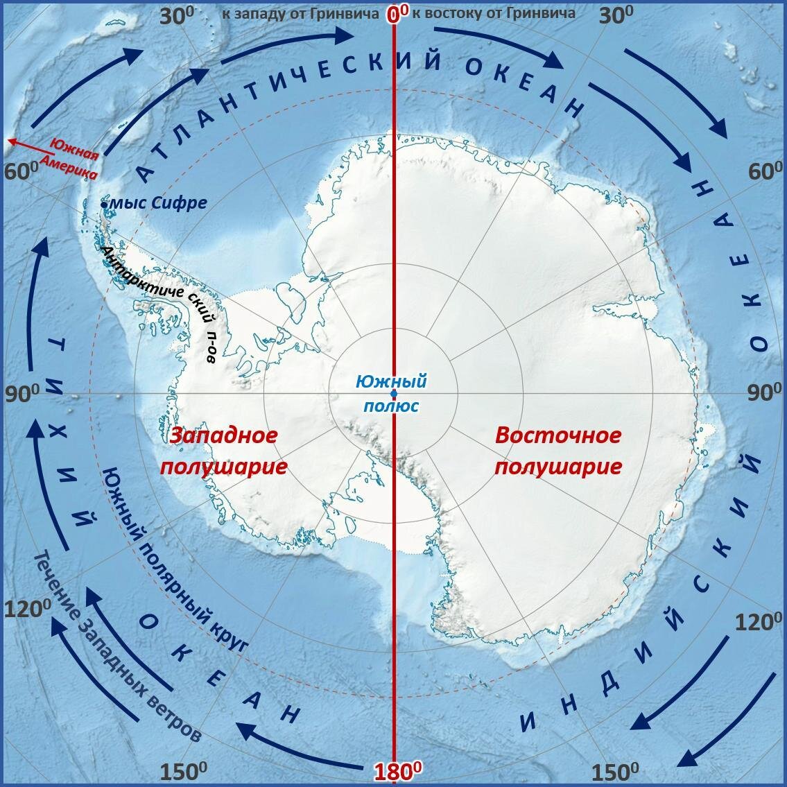 Крайняя западная точка тихого океана. Мыс Сифре на карте Антарктиды. Моря: Амундсена, Беллинсгаузена, Росса, Уэдделла.. Мыс Сифре Антарктида. Южный полюс на карте Антарктиды.