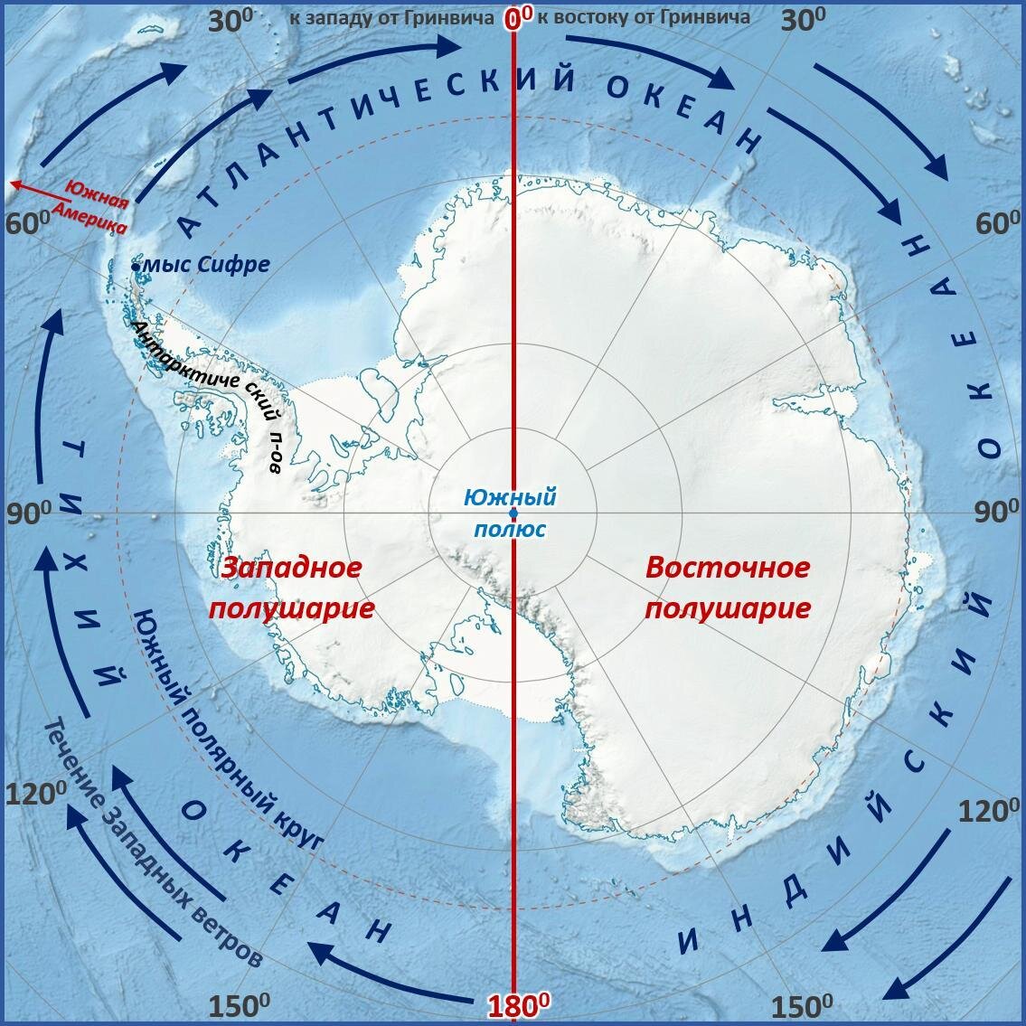 Мыс Сифре на карте Антарктиды. Моря: Амундсена, Беллинсгаузена, Росса, Уэдделла.. Мыс Сифре Антарктида. Южный полюс на карте Антарктиды.