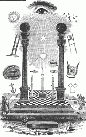 Изображение с многими масонскими символами, включая Столпы, Всевидящее око и шахматную доску.
