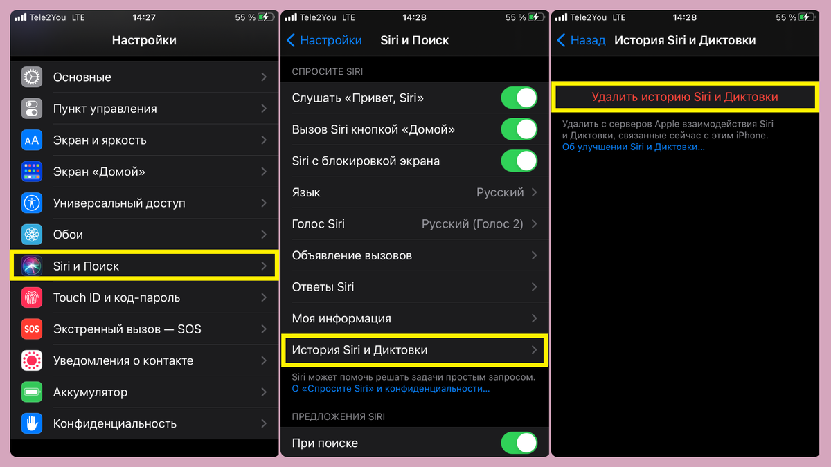 Удаление истории Siri в настройках iPhone