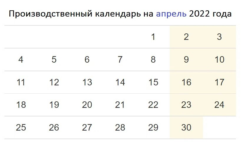 Производственный календарь на апрель 2022 года