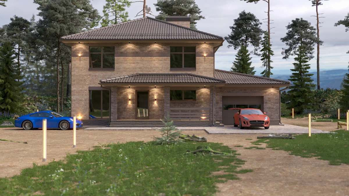 Главный фасад дома. Источник изображения: Дзен-канал "Николай Ершов_ПРОЕКТЫ и ДИЗАЙН"