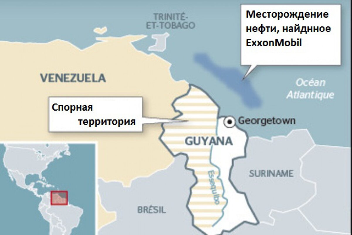 Расположение Гайаны и ее месторождений нефти.