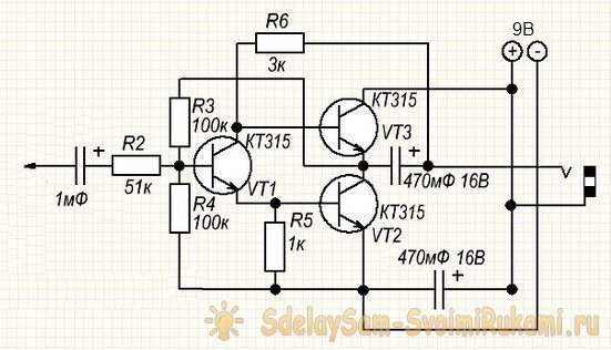 Схема простого усилителя на трех транзисторах КТ (до 0,5Вт)