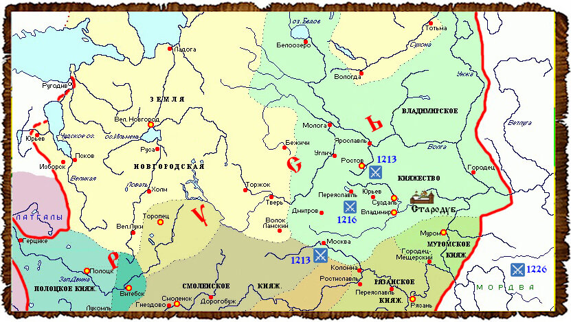 Город Стародуб на Клязьме,  карта Владимирского княжества (Суздальской земли), места и даты сражений в которых участвовал Иван Всеволодович.