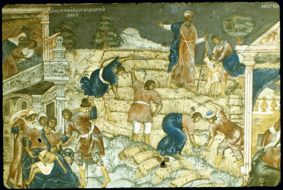 Гурий Никитин и Сила Савин. Воскрешение сына сонамитянки и Нахождение Моисея. Фрески церкви Ильи Пророка в Ярославле. 1681