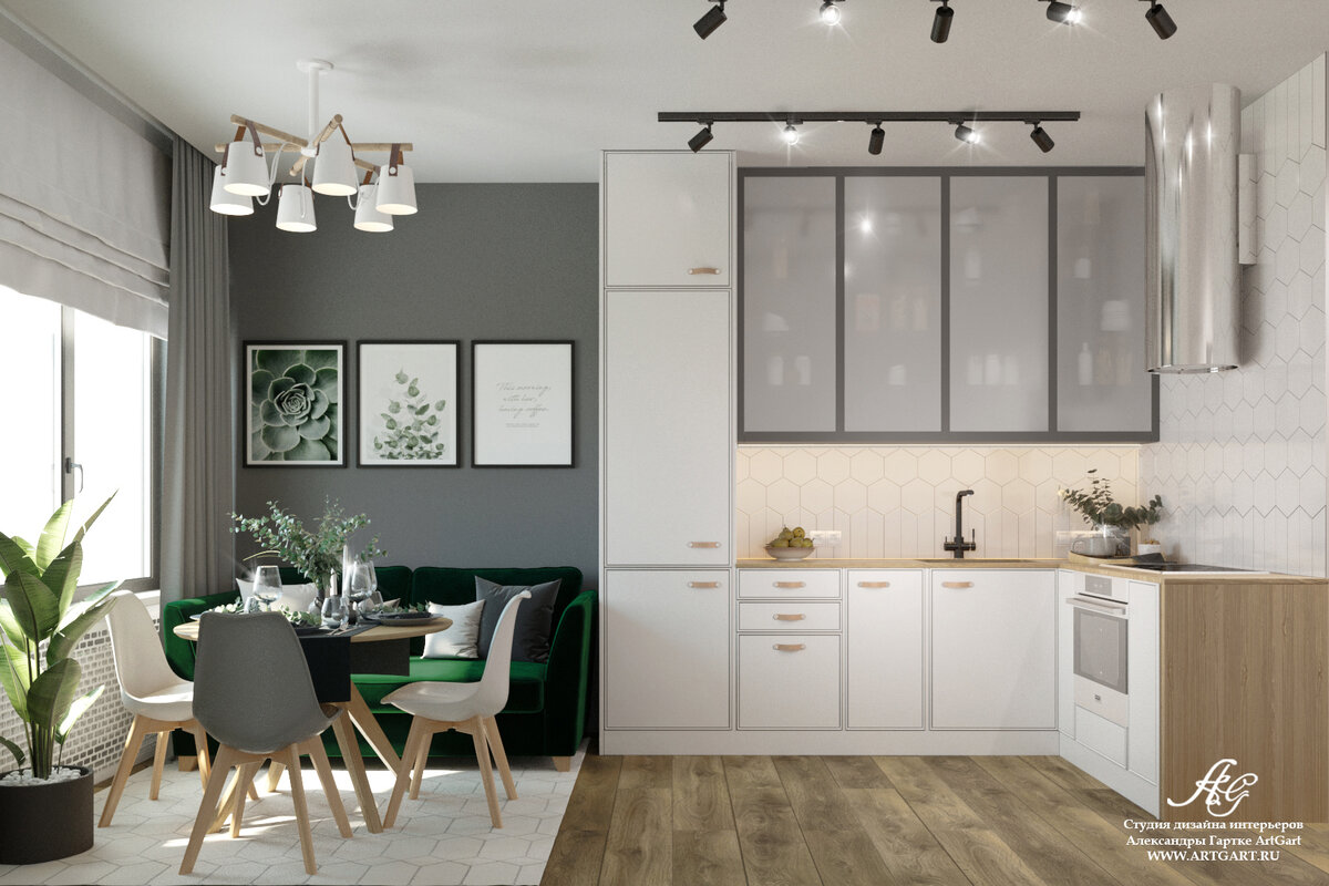 Квартира в ЖК Ясный, метраж 60 квадратных метров. 
Заказчики- семья с двумя дочками. В квартире должны были быть: максимальная функциональность, много мест для хранения, два санузла, три отдельные спальни, кухня-гостиная- и это все на 60 квадратных метрах. Кухня с функцией гостиной. Благодаря тому, что в квартире пять окон, из двушки получилась полноценная трешка.