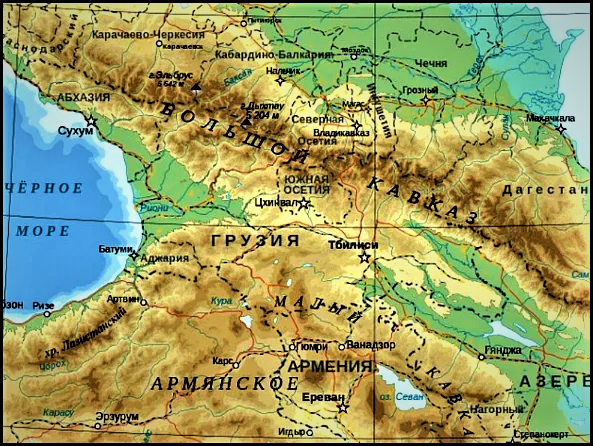 Физическая карта Кавказа (изображение взято из открытых источников)