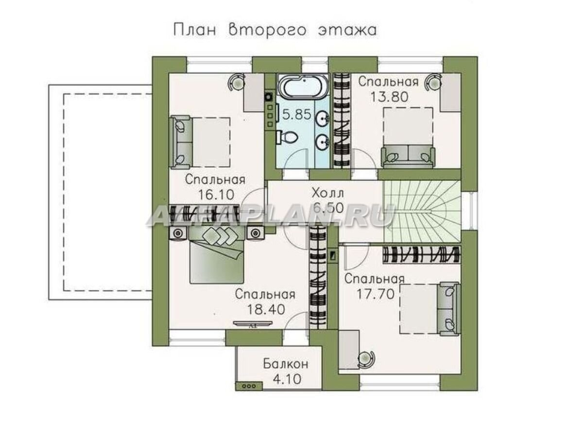 На 2 этаже – «тихая» зона,  в центре которой находится холл, из которого можно попасть во все помещения этажа: 4 светлые спальни (одна из них имеет выход на балкон) и ванную комнату.