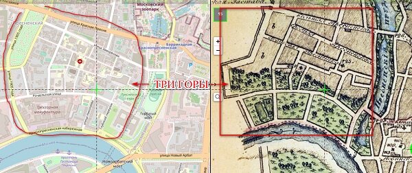 Три Горы на картах Москвы.