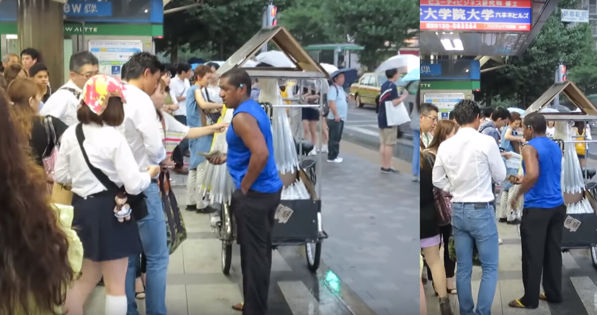 Иностранец у станции Харадзюку торгует зонтами