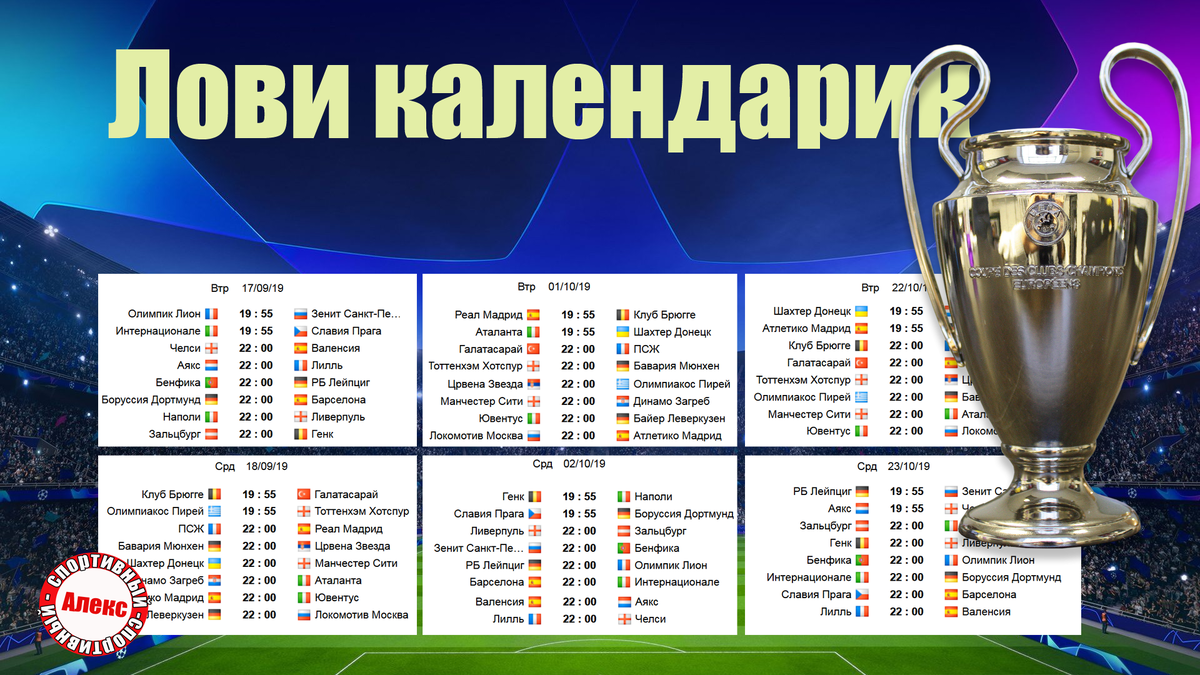 Пора узнать календарь группового раунда. Расписание всех групп Лиги  Чемпионов. | Алекс Спортивный * Футбол | Дзен