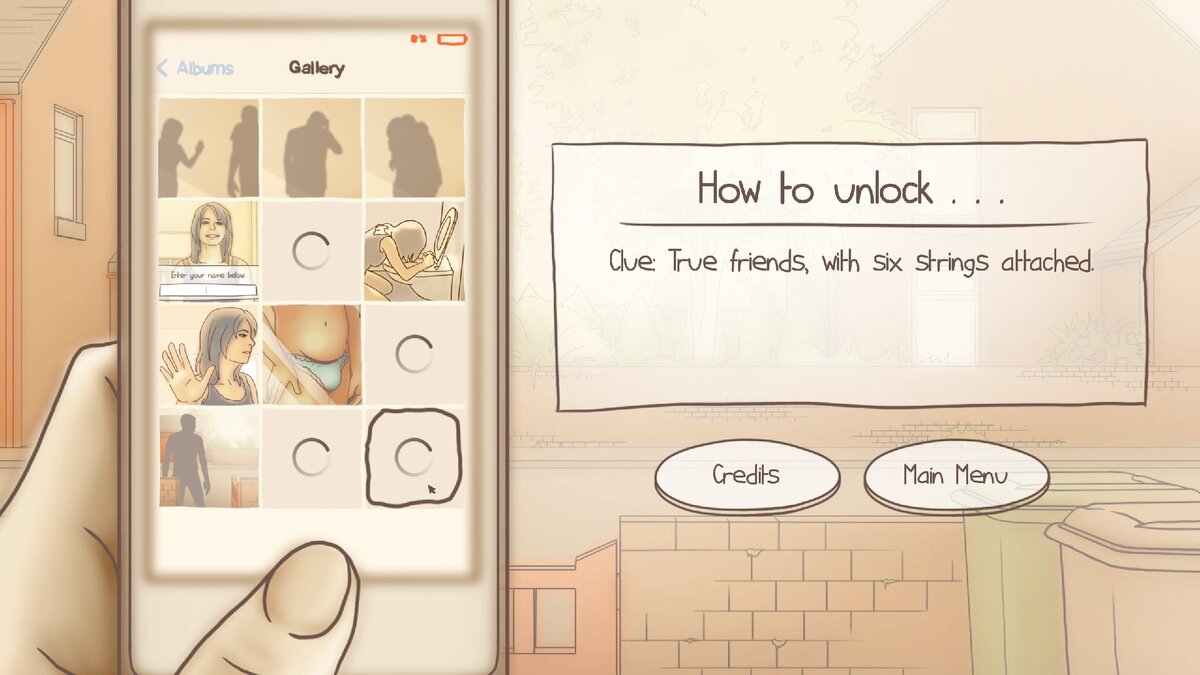 Меню с концовками. К каждой концовке дана маленькая подсказка по получению.