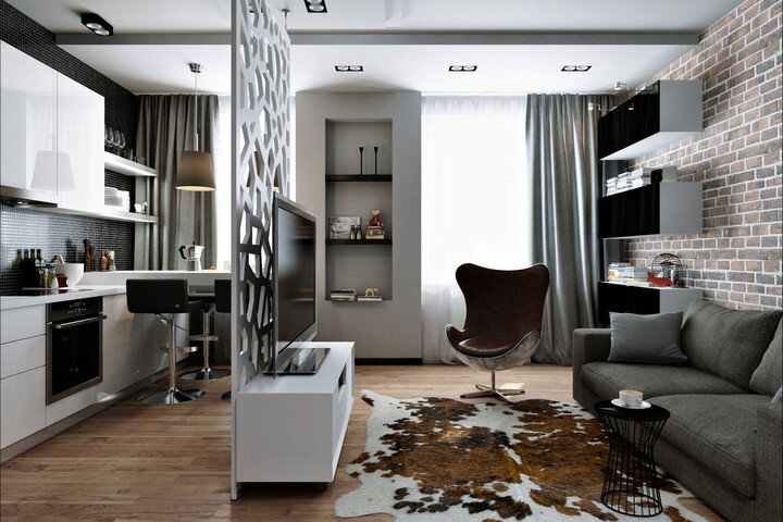 Квартира холостяка, дизайн однокомнатной квартиры, ремонт в стиле минимализм