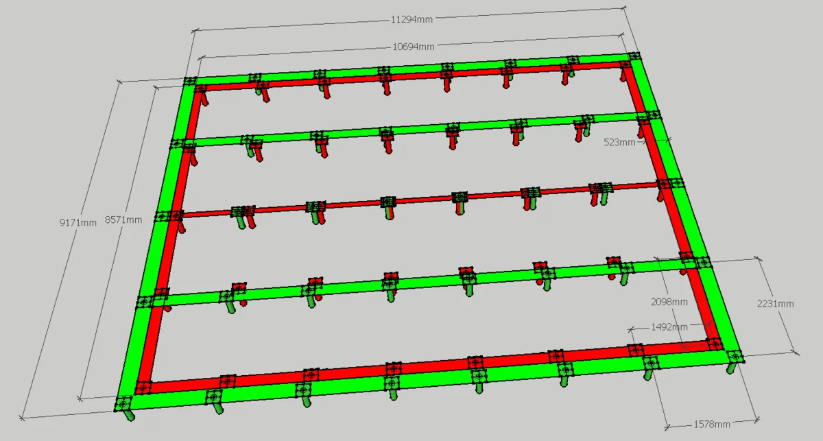 Высота балок ростверка 250 мм. Три доски 50*200 на торец и 50*150 - лаги.