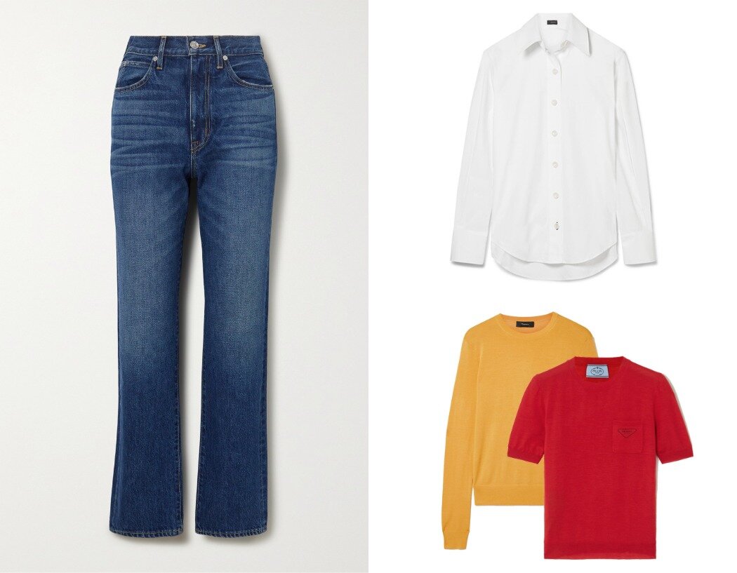 Прямые джинсы + рубашка или яркий свитер/водолазка