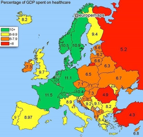 Какой процент от ВВП каждый год выделяют страны Европы на здравоохранение 