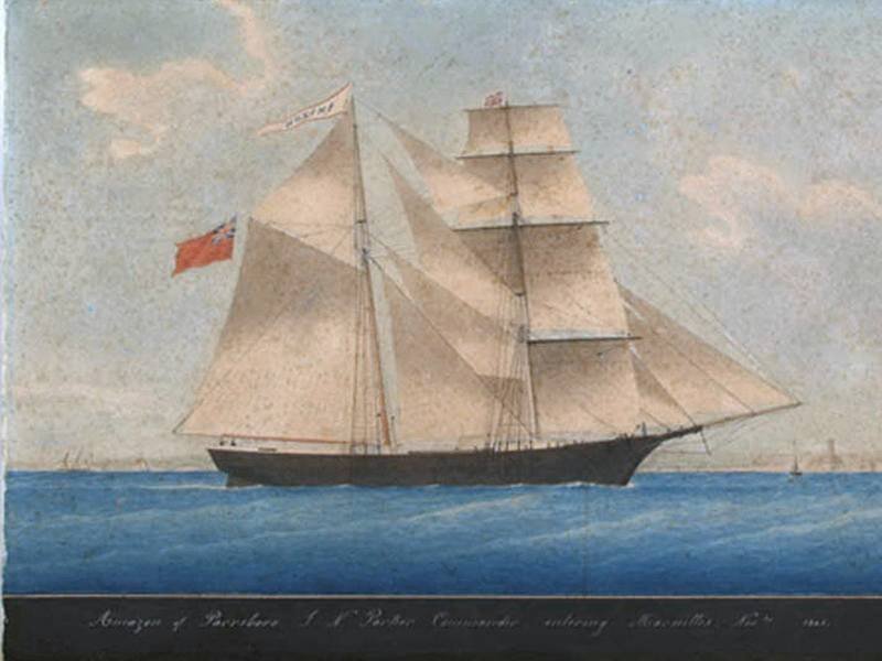 Рисунок корабля «Амазонка» (Amazon), позже переименованного в «Мария Селеста» (Mary Celeste). Автор и год неизвестны.
